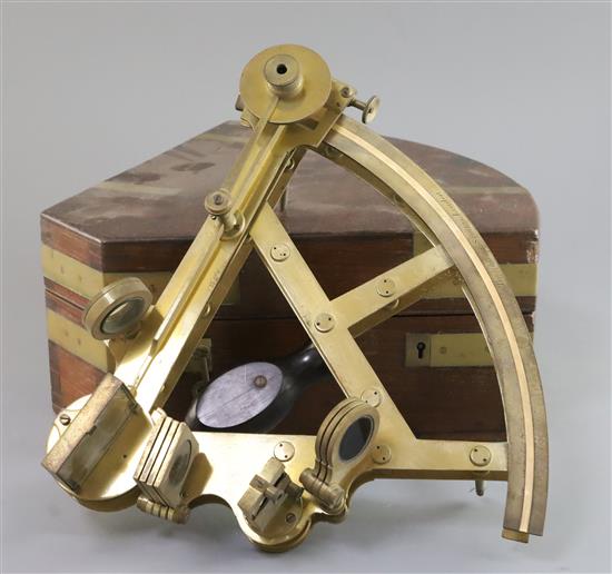 A 19th century Troughton Simms brass double framed sextant, made for Lieutenant Colonel Hodgson, 10in., in original brass mounted mahog